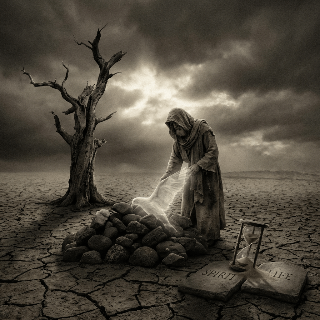 Hooded person with glowing spirit rising over stones in cracked dry land