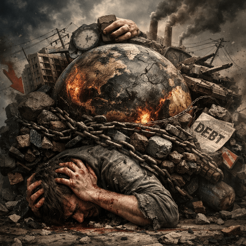 Man trapped under burning cracked Earth surrounded by chains, rubble, war machinery, and debt
