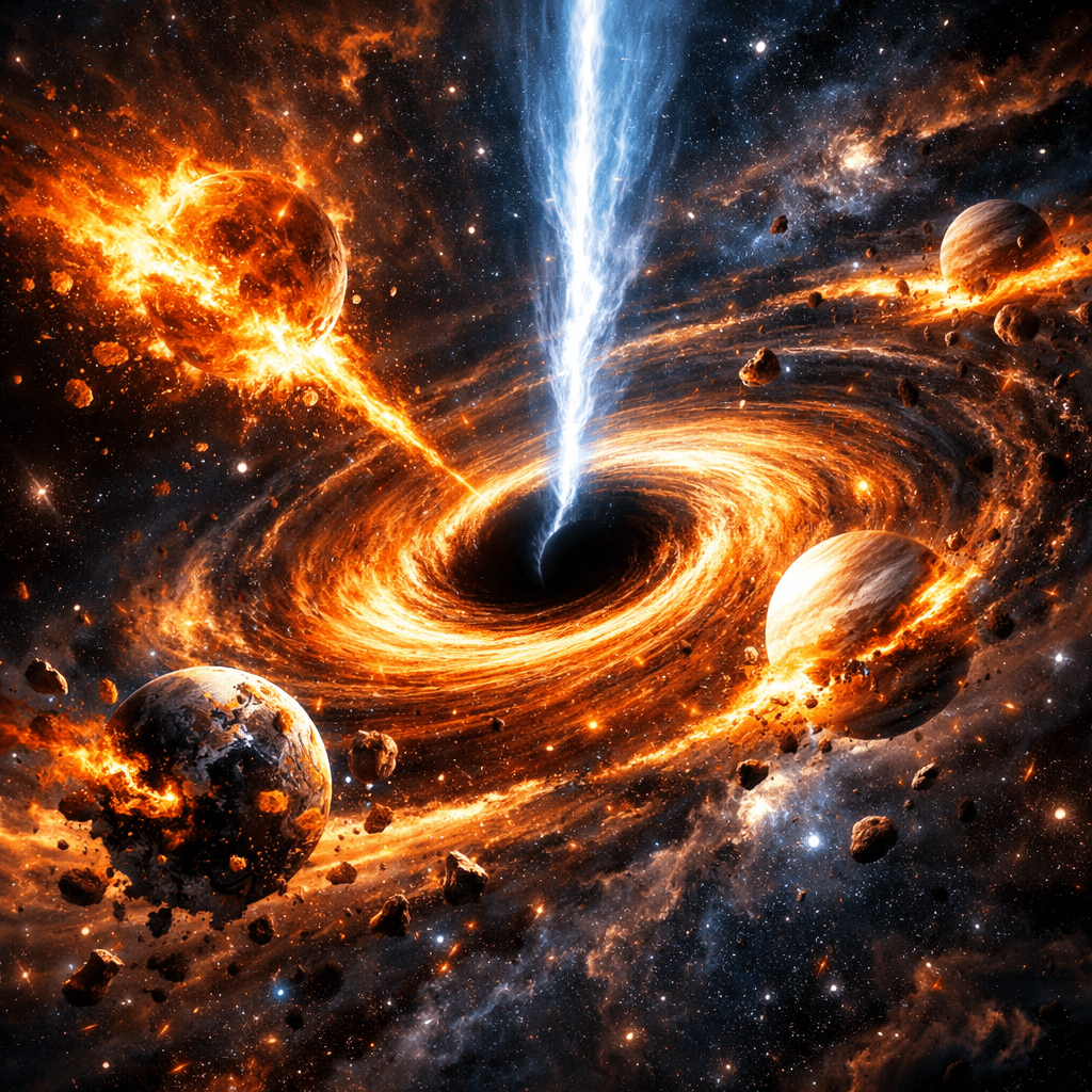 Black hole with glowing fiery accretion disk surrounded by planets and asteroids