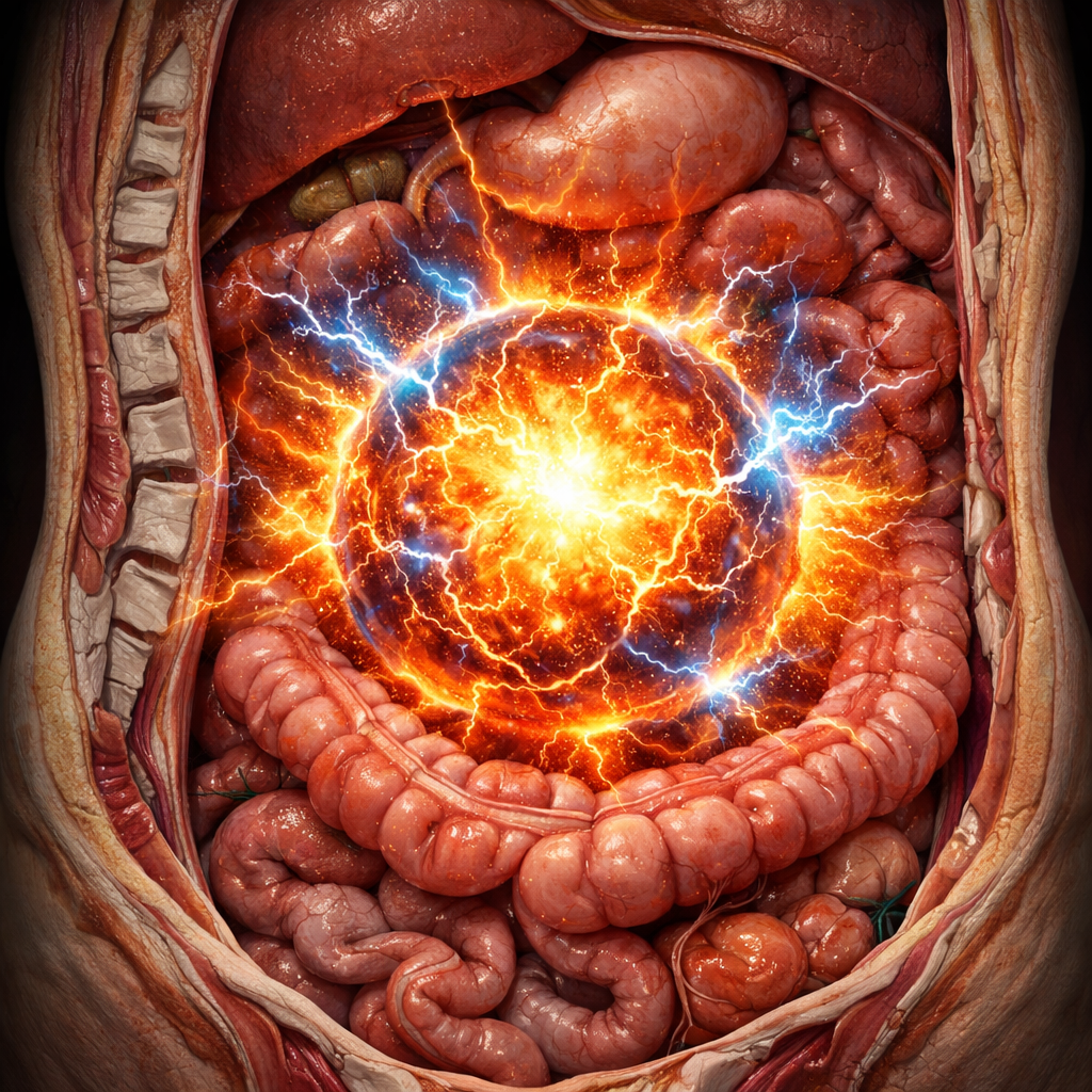 Abdominal organs with bright orange and blue electric energy effect at the center