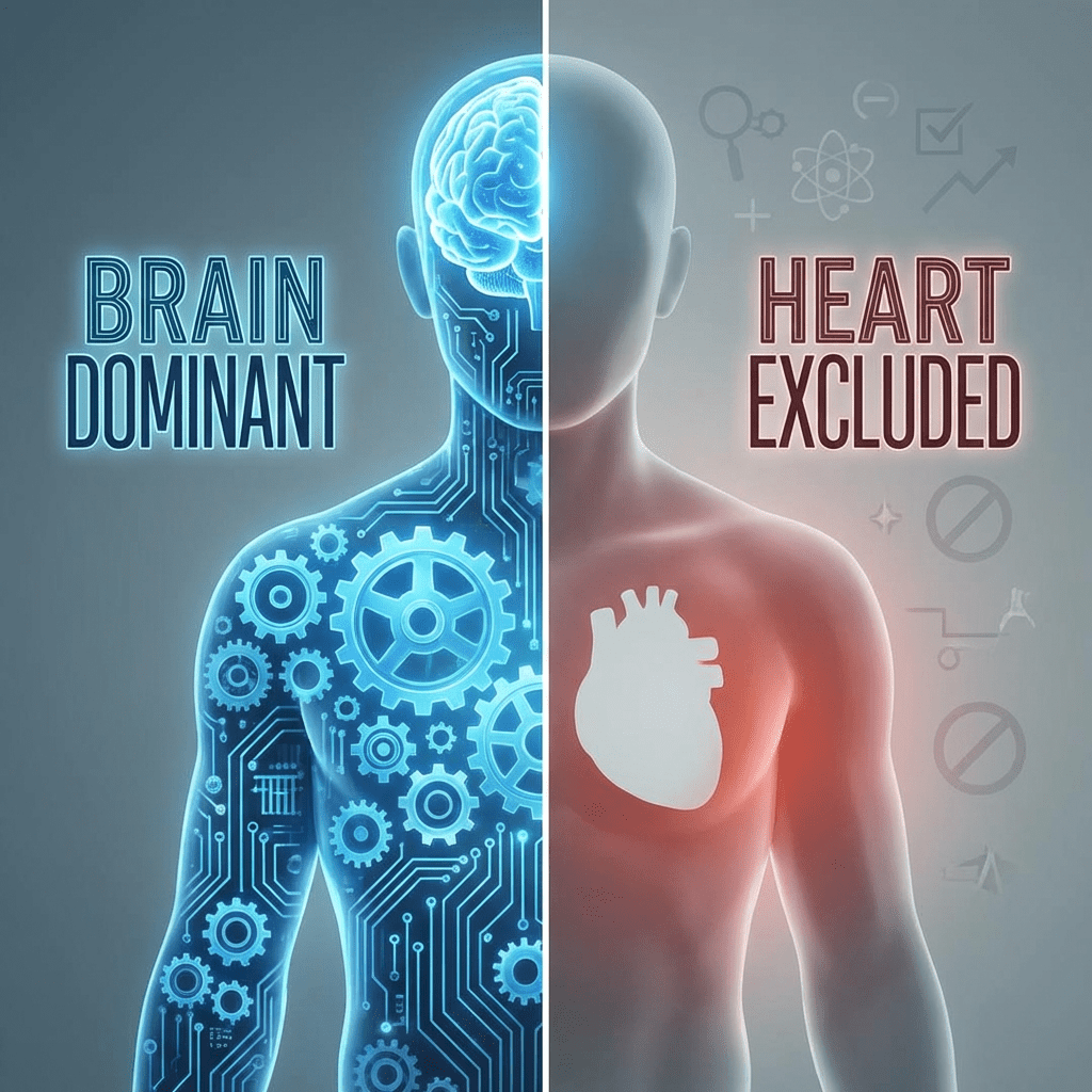 Half human body with brain and gears highlighted, opposite half showing heart symbol excluded