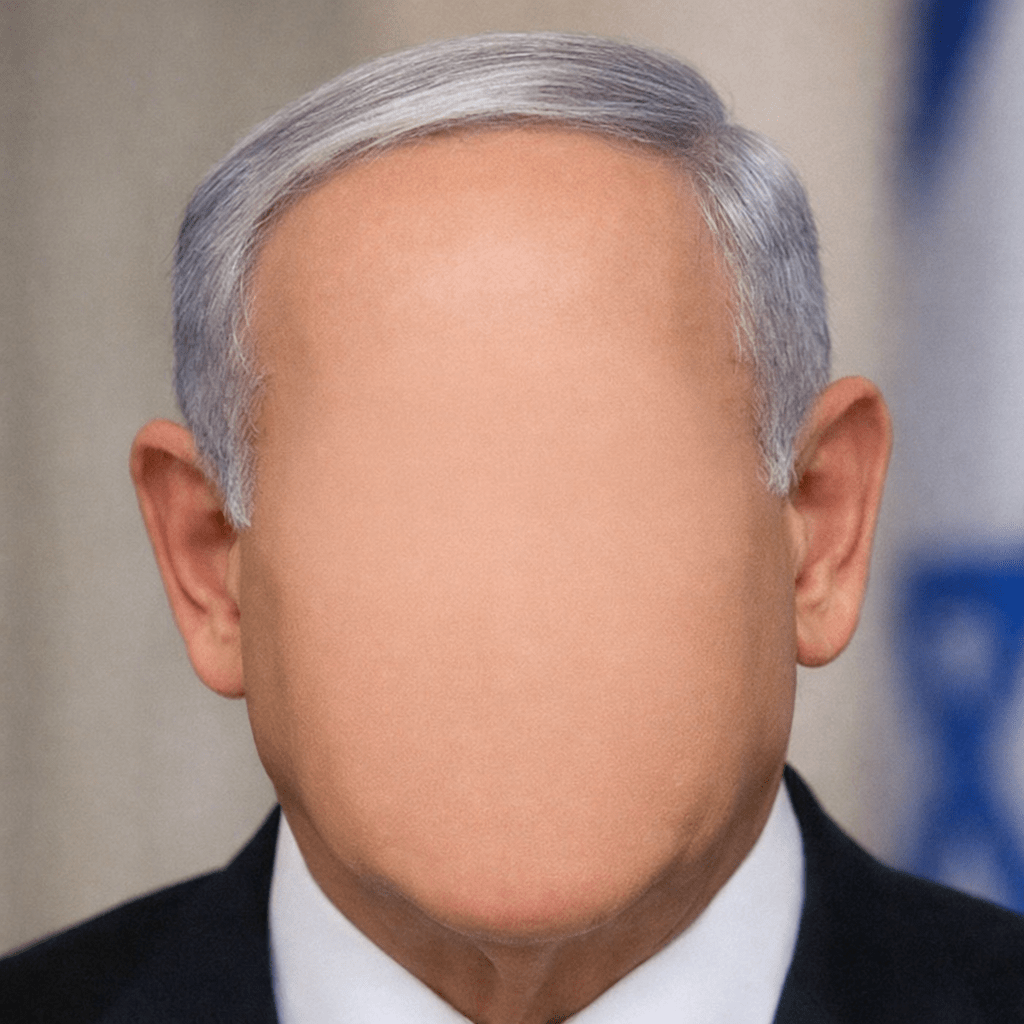 Man with gray hair and suit, face completely smooth without eyes, nose, or mouth